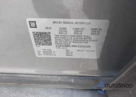 2019 GMC Acadia Slt-1 from USA, damaged, VIN 1GKKNMLS9KZ235028